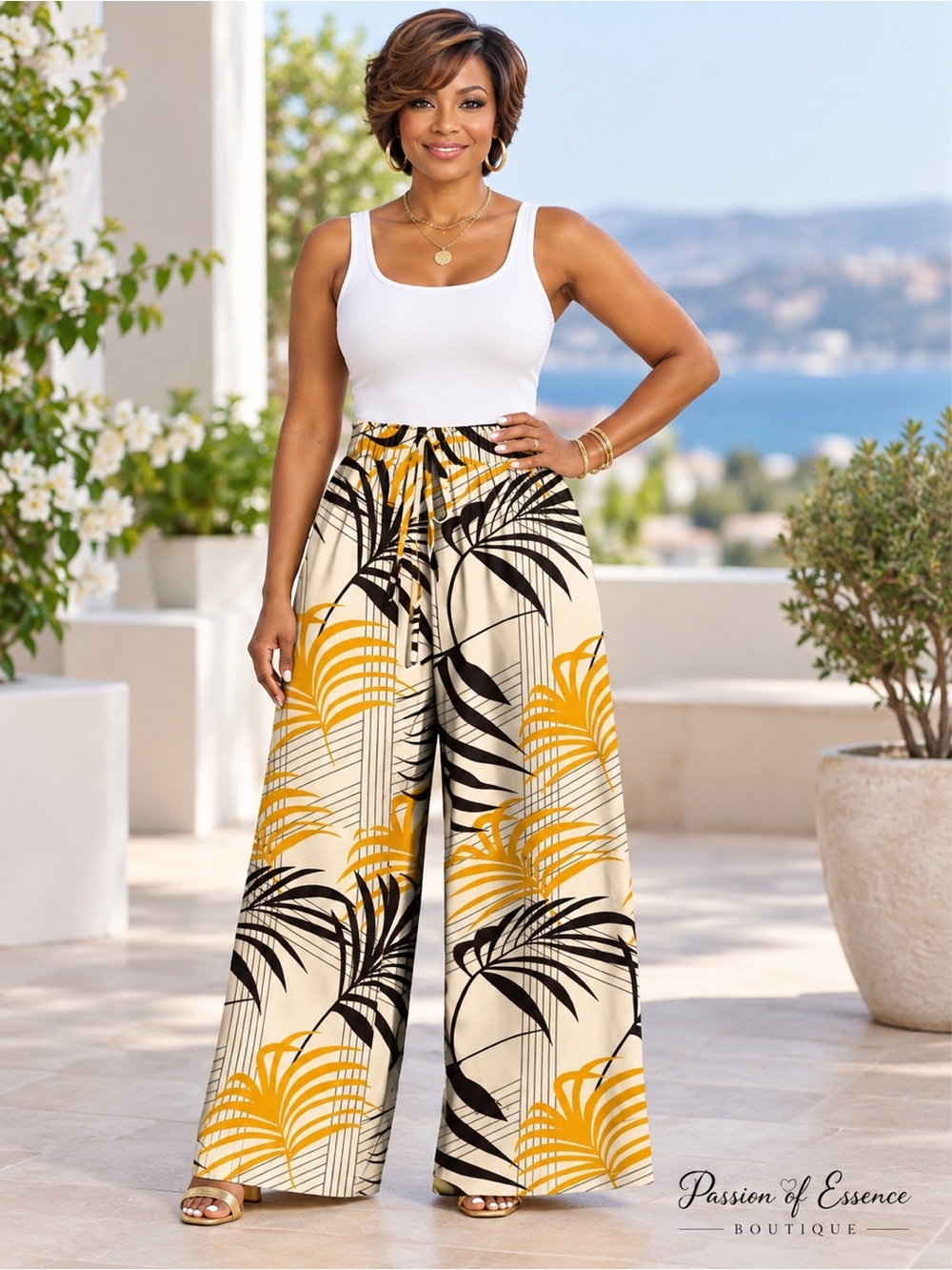 Women’s Tropical Palm Leaf Wide-Leg Pants – Size L